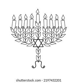 Hanukkah menorah, or hanukkiah. Symbol of the Jewish holiday Hanukkah. Doodle vector illustration. Isolated on a white background.