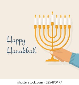 Hanukkah menorah. Happy jewish holiday hanukkah, concept. Man jew holding in hand menorah with candles. Vector illustration flat design. Isolated on white background. Religious celebration.