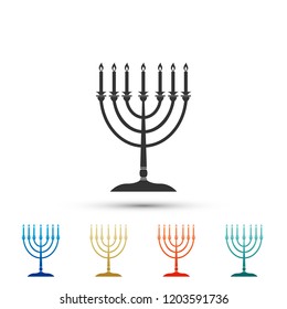 Hanukkah menorah icon isolated on white background. Religion icon. Hanukkah traditional symbol. Holiday religion, jewish festival of Lights. Elements in colored icons. Flat design. Vector Illustration