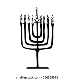 Hanukkah menorah with the image of the traditional-style hand paint on a white background