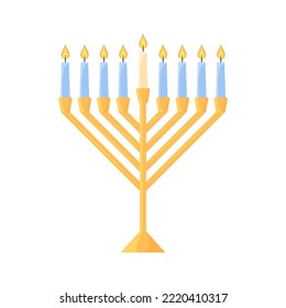 Hanukkah menorah isolated. Traditional Jewish chanukiah candle holder with nine candles on white background. Flat vector illustration.