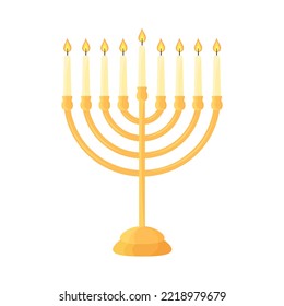 Hanukkah menorah isolated. Traditional Judaic Hanukah symbol. Jewish candle holder with nine candles on white background. Flat vector illustration.