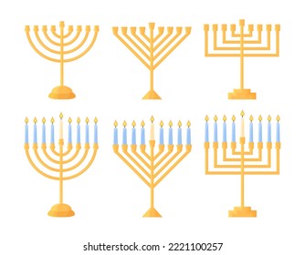Hanukkah menorah isolated. Vector set of traditional Jewish holiday symbol. Chanukiahs of different shapes collection. Golden holders empty and with nine burning candles. Flat vector illustration