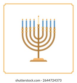 Hanukkah menorah isolated. Vector traditional jewish holiday symbol. Hanukkah candles shape. Golden holders with nine burning candles.