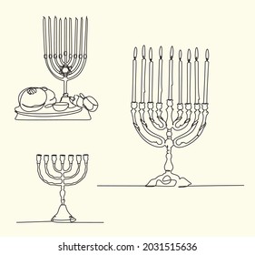 Arte de la línea menorah de Hanukkah aislado en el fondo negro. Icono de la religión. Símbolo tradicional de Hanukkah. Religión de vacaciones, festival judío de las luces. Estilo de sombra larga. Vector