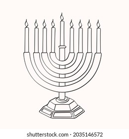 Hanukkah menorah line art isolated on black background. Religion icon. Hanukkah traditional symbol. Holiday religion, jewish festival of Lights. Long shadow style. Vector
