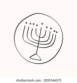 Hanukkah menorah line art isolated on black background. Religion icon. Hanukkah traditional symbol. Holiday religion, jewish festival of Lights. Long shadow style. Vector
