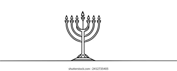 Hanukkah menorah Linie Kunst einzeln auf schwarzem Hintergrund. Religion-Symbol. Hanukka traditionelles Symbol. Feiertagsreligion, jüdisches Festival der Lichter. Lange Schattenstil. Vektorgrafik