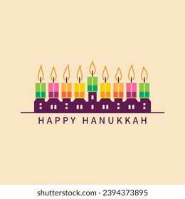 Hanukkah menorah logo with burning candles in the shape of a city silhouette. Happy Hanukkah vector design