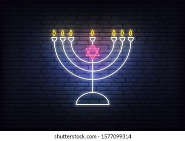 Hanukkah Menorah neon sign. Glowing decoration for Jewish Chanukkah holiday