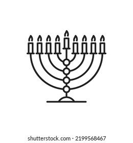 Hanukkah Menorah with nine candles line art. Vector isolated Judaism religion symbol, chanukiah or hanukkiah nine-branched candelabrum lit during the eight-day holiday of Hanukkah, Jewish symbol