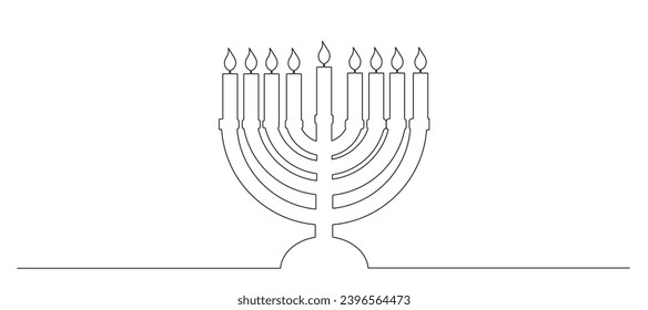 Hanukkah menorah one continuous line banner template. Jewish traditional candle holder with lights. Minimal Chanukah background with copy space. Vector illustration isolated on white