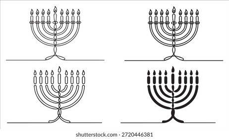 Hanukkah menorah una línea continua de Plantilla de Anuncio. Candelero tradicional judío con luces. Fondo mínimo de Janucá con espacio de copia. Ilustración vectorial aislada en blanco