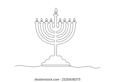 Hanukkah menorah desenho de uma linha de arte isolado no fundo branco. Ilustração vetorial.	