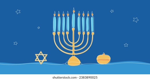 Hanukkah menorah outline background with star and sufganiyot filled doughnut. Jewish traditional candle holder with lights. Minimal Chanukah banner template. Vector illustration isolated on white