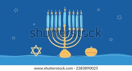 Hanukkah menorah outline background with star and sufganiyot filled doughnut. Jewish traditional candle holder with lights. Minimal Chanukah banner template. Vector illustration isolated on white