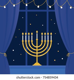 Hanukkah Menorah and Room  Window. Vector Illustration