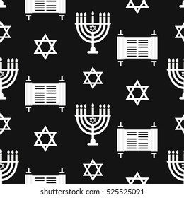 Hanukkah menorah seamless pattern. Religious background for jewish holidays with candles, Torah and Star of David. Vector illustration