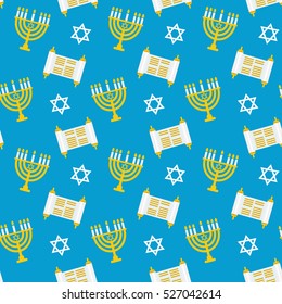 Hanukkah menorah seamless pattern. Religious background for jewish holidays with candles, Torah and Star of David. Vector illustration