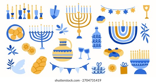 Hanukkah moderno vetor ilustrações conjunto. Clipart de feriados judaicos. Menorá, velas, óleo, azeitonas, latkes, chalá, dreidel, donuts, sufganiot, pomba, moedas, presentes, vinha