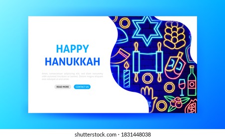 Hanukkah Neon Landing Page. Vector Illustration of Jewish Promotion.