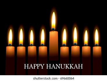 Hanukkah nine candles with burning flames and text