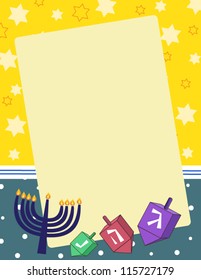 Hanukkah Note A  vector illustration of dreidels and menorahs on a blank notepad background. Eps 10 fully editable.