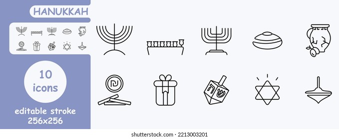 hanukkah outline icons set. icons for web browser. icons: donut, dreidel, magen david and others.