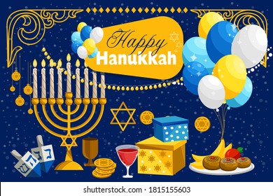 Hanukkah party. Ethnic happy hanukkah party celebrating invitation poster. Religious jewish festival event background. Vector traditional ornament and sweets, ritual menorah candelabra illustration