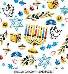 Hanukkah pattern in flat style on white background. Vector illustration. Jewish holiday background. Seamless vector texture. Cartoon illustration.