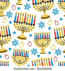 Hanukkah pattern in flat style on white background. Vector illustration. Jewish holiday background. Seamless vector texture. Cartoon illustration.