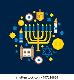 Hanukkah. Pixel art. Old school computer graphic style. Games elements.