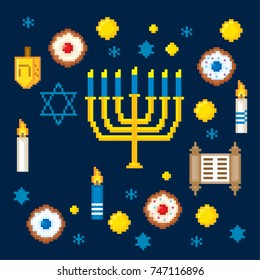 Hanukkah. Pixel art. Old school computer graphic style. Games elements.