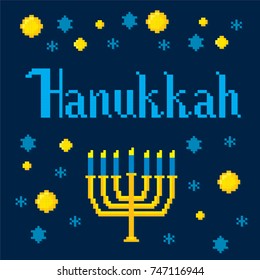 Hanukkah. Pixel art. Old school computer graphic style. Games elements.