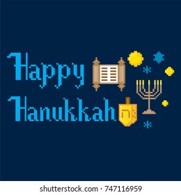 Hanukkah. Pixel art. Old school computer graphic style. Games elements.