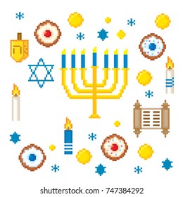 Hanukkah. Pixel art. Old school computer graphic style. Games elements.