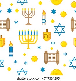 Hanukkah. Pixel art. Old school computer graphic style. Games elements. seamless pattern