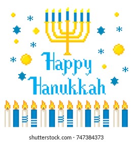 Hanukkah. Pixel art. Old school computer graphic style. Games elements.