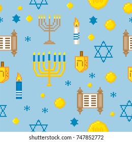 Hanukkah. Pixel art. Old school computer graphic style. Games elements.