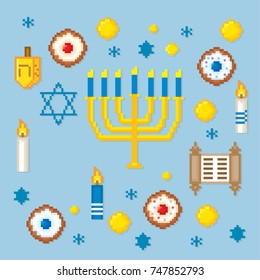 Hanukkah. Pixel art. Old school computer graphic style. Games elements.