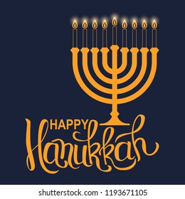 Hanukkah poster with menorah on blue background. Happy Hanukkah. Jewish holiday. Vector illustration.