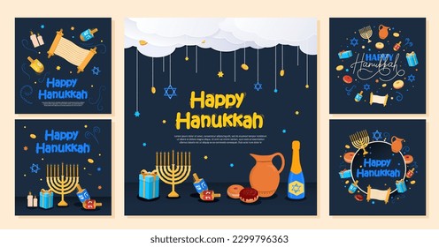 Hanukkah posters collection. Set of graphic elements for website. Traditional Jewish holiday. Religious festive of lights concept. Cartoon flat vector illustrations isolated on white background