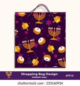 Hanukkah Present Bag design. Vector gift package template for sales, retail, souvenirs. Hanukkah seamless pattern is complete masked. Jewish Light Festival symbols - menorah, candles, dreidel & donuts