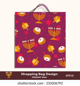 Hanukkah Present Bag design. Vector gift package template for sales, retail, souvenirs. Hanukkah seamless pattern is complete masked. Jewish Light Festival symbols - menorah, candles, dreidel & donuts
