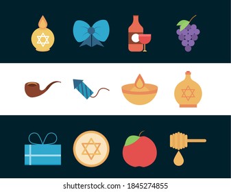 hanukkah, religious traditional culture judaism flat icons collection vector illustration