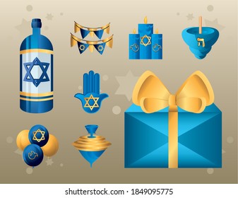 hanukkah, religious traditional culture judaism flat icons collection vector illustration
