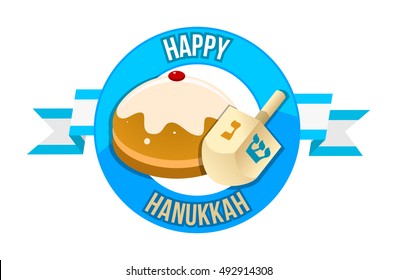 Hanukkah sale or discount design for emblem, sticker or logo with a dreidel and donut isolated