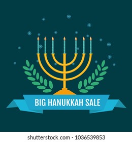 Hanukkah sale for an emblem, sticker or logo with menorah with burning candles. Vector illustration.