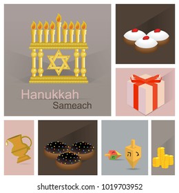 Hanukkah sameah greeting card.Juwish holyday. Traditional symbols; oil jar,donuts, chocolate donuts spinning top,coins, menorah, glowing lights Vector template