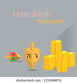 Hanukkah sameah greeting card.Juwish holyday. Traditional symbols;  spinning top,coins  vector template for web and print 